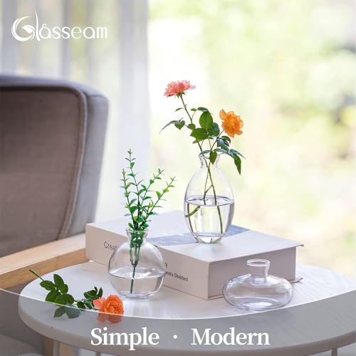 Glass Bud Vase for Centerpieces, 6Pcs/2Sets Glasseam Modern Clear Mini Small Vases for Flowers Bulk Flower Vase Set Aesthetic Cute Handmade Tiny Short Wedding Table Centerpiece Decor - color: Clear, size: 2 Sets