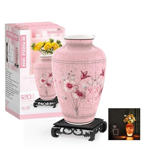3D Puzzles Vase for Adults, Crafts for Adults, 120 Pieces Plastic DIY Unique Flower Vase with LED Light House Warming Gift Birthday Gifts for Flower Arrangements and Home Decor (Pink) - color: Pink 3
