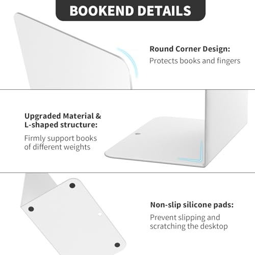 Book Ends, 2 Pieces Metal Bookend for Shelves, Bookends for Heavy Books, Book Holders for Shelves, Desk Organizers, Book Dividers for Office, School, Bookstore, Home - color: B-white-frosted Surface, size: 2 Pieces
