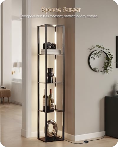 64.2" Display Shelf with Light, Modern Corner Floor Lamp with Shelves, 3000K-6000K LED Dimmable Standing Lamp with Remote for Living Room, Bedroom, Office, Adjustable CCT, Black Square B51LD05 - color: Black Square