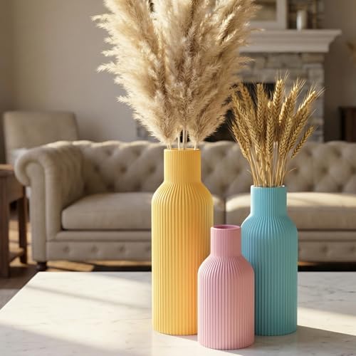 Colorful Ceramic Vases Set of 3 (Pink, Blue, Yellow) - Modern Matte Ribbed Color-Block Vases for Dried Flowers - Scandi Boho Decor Centerpieces for Living Room & Shelf - color: Pink/Blue/Yellow