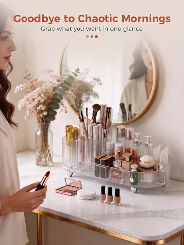 Booklov Rotating Makeup Organizer for Vanity, Large Capacity Cosmetic Display Case, Clear Acrylic Countertop Beauty Storage Holder for Skincare, Brush Eyeshadow Lipstick, Counter Desk, Crystal Clear - color: Crystal Clear, size: L01