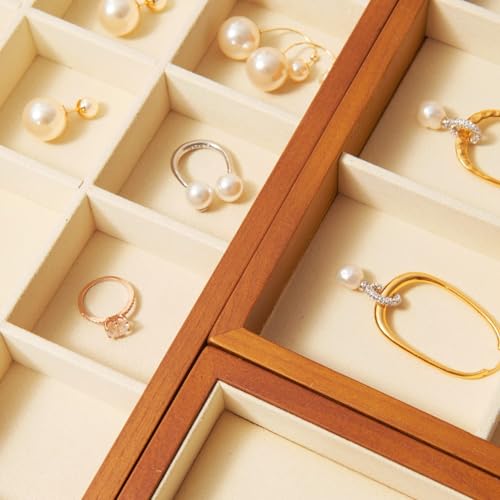 Oirlv 24 Grid Wood Jewelry Tray Microfiber Interior Jewelry Drawer Organizer Showcase Display Box Ring Earrings Holder - color: Creamy-white 24 grid tray