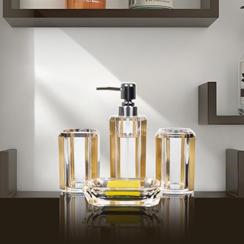 4-Piece Gold Bathroom Accessories Set — Soap Dispenser, Soap Dish, Mouthwash Cup & Toothbrush Holder, Acrylic with Brushed Gold Accent, Luxury Bathroom Vanity Countertop Organizer for Home - color: Gold