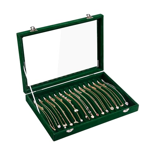 Frebeauty 15 Hooks Necklace Tray Velvet Neckalce Organizer with Clear Lid Lockable Necklace Holder Box Jewelry Organizer for Pendants Chains Necklace Jeweley Tray for Women Girl (Blackish Green) - color: Blackish Green