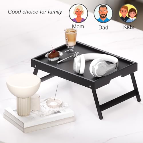 Fibogollo 4 Pack Bamboo Bed Tray Table with Folding Legs,Breakfast Trays,Serving Tray,Laptop Trays for Working,Food Snack Tray for Bed and Sofa(Black) - color: Black, size: 4 PC