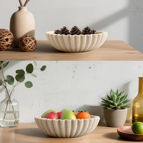 10'' Scalloped Decorative Key Bowl for Entryway Coffee Table - Catchall Trinket Large Candy Fruit Purse Holder Kitchen Countertop Console Modern Home Decor, Artificial Stone Beige - color: Beige