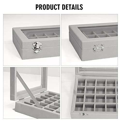 Vicoter Velvet Jewelry Box 24 Grid Jewelry Ring Display Organiser Box Tray Holder Earrings Storage Case for Girls Wife Mom Women (Gray) - color: Gray