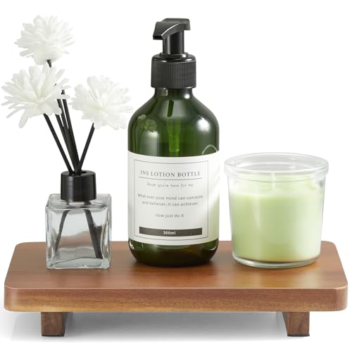 Small Acacia Wood Bathroom Tray Pedestal Stand Farmhouse Kitchen Decor Decorative Wooden Riser Soap Dish Sponge Holder for Vanity, Counter, Sink, 9" x 5.75" - size: 9" x 5.75" x 1.18"