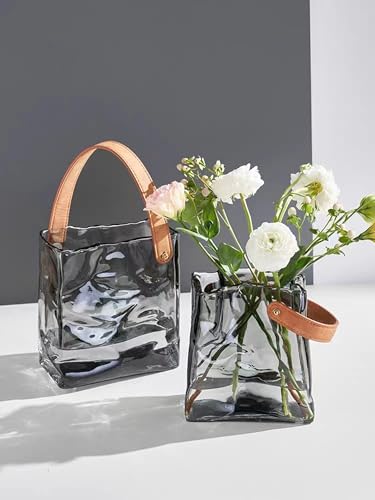 Handmade Leather - Handle Handbag - Style Glass Vase - Simple Elegance for Your Space (Gray) - color: Gray