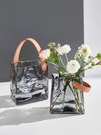 Handmade Leather - Handle Handbag - Style Glass Vase - Simple Elegance for Your Space (Gray) - color: Gray