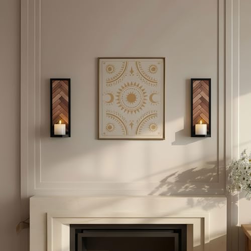 Herringbone Wood Candle Sconces, Set of 2 Wall-Mounted Pillar Candle Holders, Antique Classical Wooden Candleholder for Farmhouse, Living Room, Bedroom, Rustic Home Decor - color: Herringbone