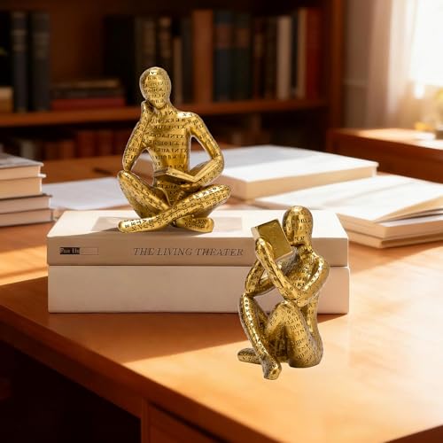 Antique Gold Reading Thinker Statue, Set of 2 Bookshelf Decor Abstract Art Thinker Sculptures, Modern Aesthetic Figurine Home Decoration Ornaments for Living Room Office Shelf Coffee Table Desk Decor - color: Antique Gold