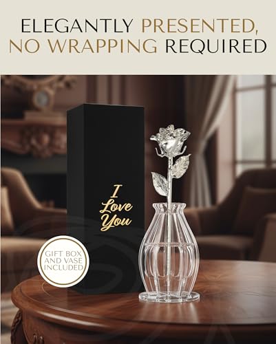 Forever Rose Bloom Box & Phantom Vase Combo, Silver Dipped Rose in a Personalized Gift Box That Says I Love You Embossed in Gold Foil, Unique & Everlasting Gift for Any Occasion - color: "I Love You" Silver Rose Dipped Rose (Phantom Vase & Bloom Box)