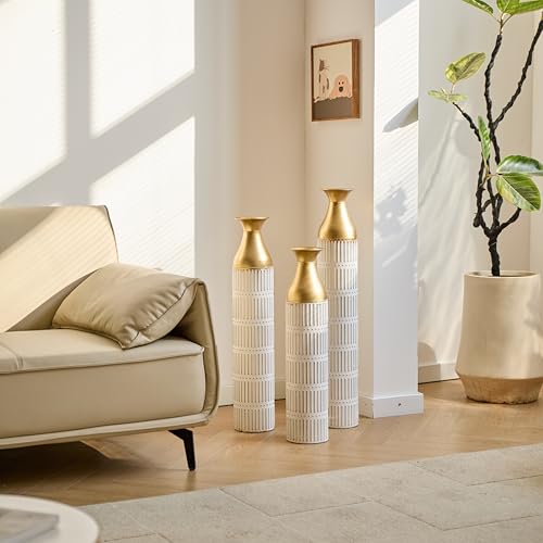 Floor Vases, Tall Home Decor Metal Vase Set of 3 Large Glazed Decorative Vases for Wedding Decor, Elegant Modern Flower Holder for Living Room, Entryway, Hallway, Dining Room - color: Ribbed Ivory Gold