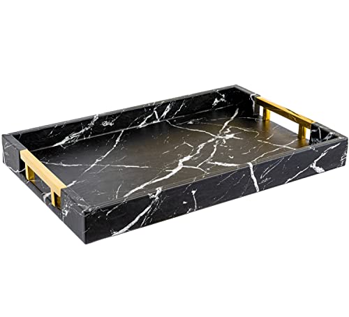 Home Redefined Modern Elegant 17.5"x12" Rectangle Black Marble Faux Leather Decorative Tray Ottoman Coffee Table Perfume Living Room Kitchen Serving Tray with Gold Polished Handles for All Occasion's - color: Black Marble/Gold