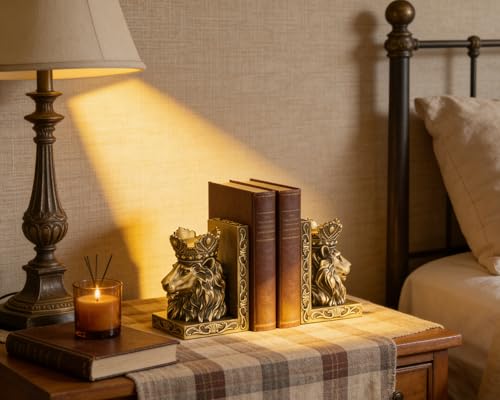 Lion Head Bookends with Antique Design, Solid Resin for Heavy Duty Book Support, Non-Slip Pads for Stability, Gift for Lion Enthusiasts Collectors - color: Antique Gold