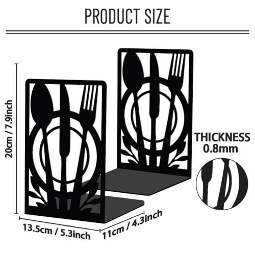 WADORN Kitchen Metal Decorative Bookend for Shelves 1 Pair, Heavy Duty Book Ends Non-Skid Books Holder Stand Black Book Support Stoppers for Cookbooks Desk Bookshelf Office Home, 5.3x4.3x7.9 Inch - color: Cutlery