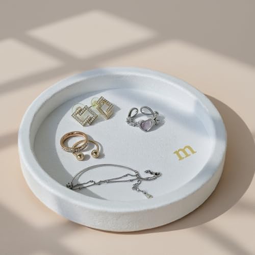 COLLECTIVE HOME - Velvet Jewelry Tray, 6" Monogrammed Jewelry Dish, Smooth Velour Display Dish for Rings, Earrings, Necklaces, Makeup, Personalized Gifts for Women (White-m) - color: White-m
