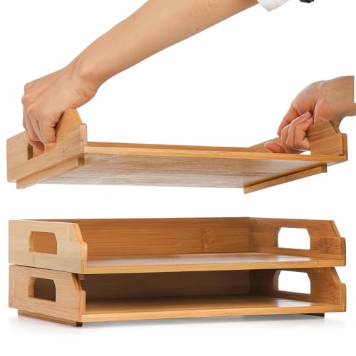 Okllen 3 Pack Stackable Paper Trays, Bamboo Desk Letter Tray Set, 3 Tier File Document Organizer Tray for A4 Paper, Magazine, Receipts, Office Supplies