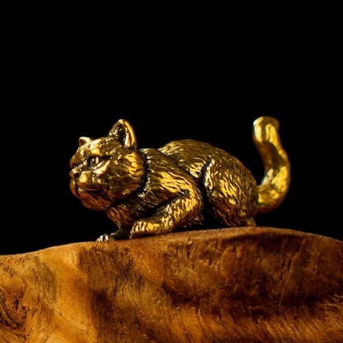 CHOVY Vintage Brass Cat Statue - Alert Hunting Cat Sculpture in Solid Brass, Handmade Collectible Figurine, Unique Desk Decor Gift for Cat Lovers & Vintage Interior Enthusiasts - color: Alert Cat
