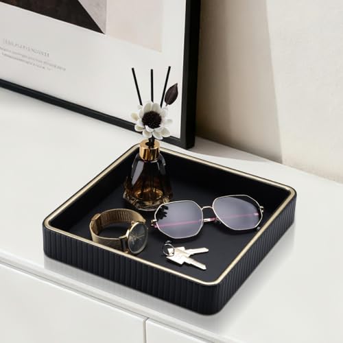 GORESE Leather Valet Tray Nightstand Organizer, Square EDC Trays for Colognes Wallet Sunglasses, Key Dish Catch All Bowl Desk Tray, Gift for Men & Women, Black(9.3'' × 9.3'') - color: Black