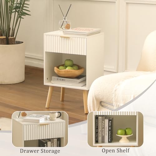 Fultyle White Nightstand, Modern Bedside Table with Drawer and Opening Storage, Fluted End Side Table Living Room with Solid Wood Legs for Bedroom (White) - color: White