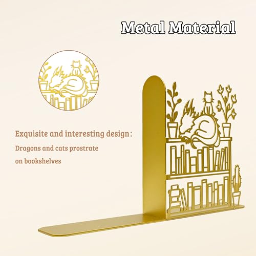 Decorative Gold Lacquered Bookend of Dragon and Cat Reading Lie on Bookshelf, 9.1x 4.7 inches Fantasy Dragon Decoration Bookends, Unique Dragon Decoration, Cute and Fantasy Bookend