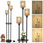 Dimmable Boho Floor Lamps for Living Room, 3-Lights Farmhouse Floor Lamp with 3-Way Foot Switch, Rattan Floor Lamp with Shelves, Rustic Standing Lamp with Rattan Shades, Tall Lamps for Bedroom - style: Dimmable Black-Rattan Shade