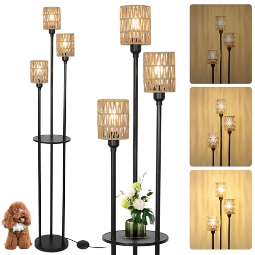 Dimmable Boho Floor Lamps for Living Room, 3-Lights Farmhouse Floor Lamp with 3-Way Foot Switch, Rattan Floor Lamp with Shelves, Rustic Standing Lamp with Rattan Shades, Tall Lamps for Bedroom - style: Dimmable Black-Rattan Shade