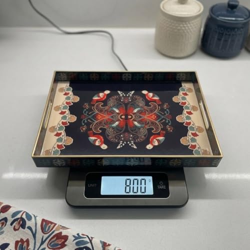 15.8" x 11.8" Black Plastic Serving Tray with Handles, Bohemian Folk Art Bird & Mandala Pattern with Gold Trim, for Ottoman, Coffee Table, Vanity - color: Bohemian Folk Art Bird & Mandala Pattern