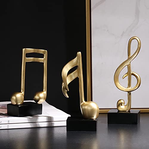 3Pcs Musical Sculptures Music Note Figurine Statue Decorative Ornaments Art Decor for Living Room Bedroom TV Cabinet Gift (Gold)
