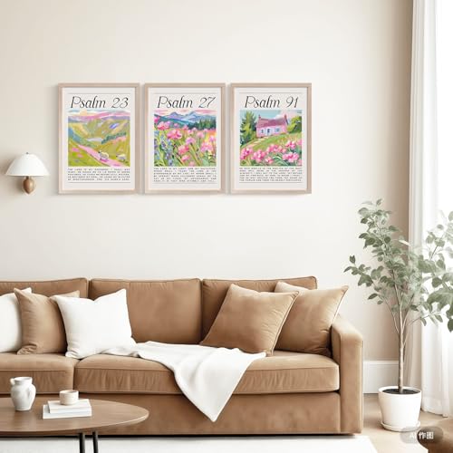 MochaMilly Psalm 23, 27, 91 Bible Print Pink Christian Wall Art Bible Verse Canvas Poster Floral Wall Decor Religious Picture Girls Room Print Bible Poster Set Fashion Preppy Style Bedroom Painting Framed - color: Psalms 23, 27, 91 Scripture Prints, size: