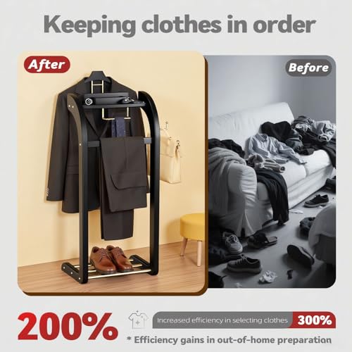Suit Valet Stand for Men, Wood Mens Valet Stand with Base, Contour Hanger, Tray, Trouser Bar and Tie Bar, Clothes Valet Stand for Bedroom Entryway Home Living Room Office (Black) - color: Black