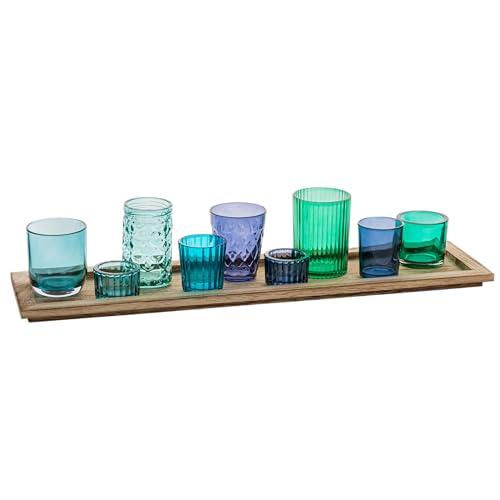 Creative Co-Op Wood Tray with 9 Blue & Green Glass Votive Holders - color: Blues