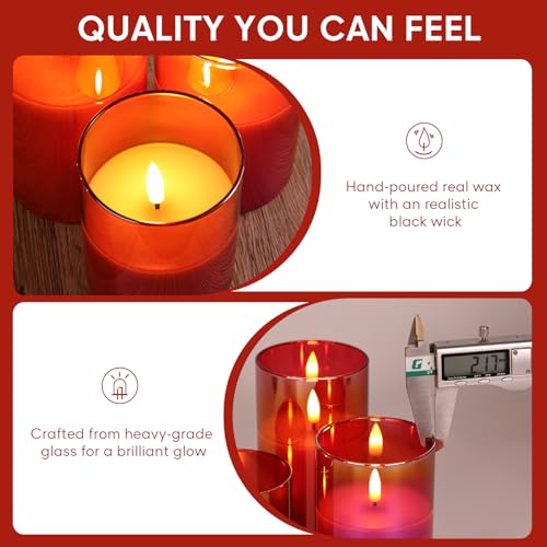 Eywamage Red Glass Flameless Pillar Candles with Remote, Flickering Christmas Battery LED Candles Holiday Decor Set of 3 - color: Red