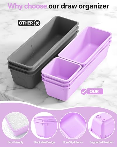 Canfanni 13 Pack Plastic Drawer Organizers Set, 3 Sizes Desk Drawer Organizer Trays for Vanity and Makeup Organizer, Organization and Storage for Makeup, Kitchen Utensils, Bathroom and Office(Purple) - color: Purple
