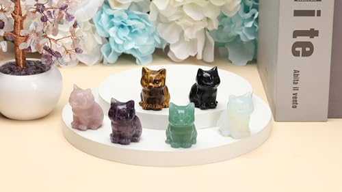 Jovivi 1.5" Amethyst Cystal Cat Statue Natural Stone Carved Cute Pocket Sitting Cat Figurines Sculpture Home Desk Christmas Decorations Gifts - color: Purple - Amethyst Crystal