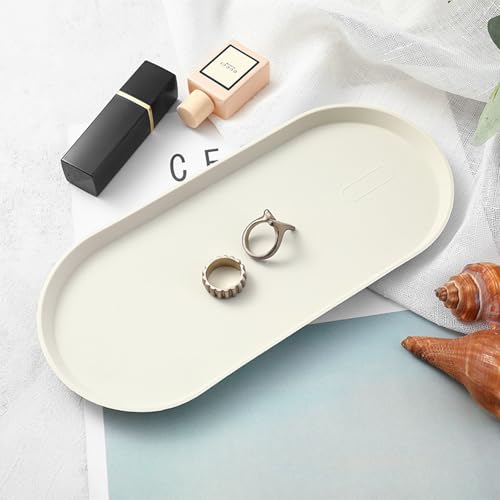 White Silicone Vanity Tray, 8.66x3.94 Inch Oval Food-Grade Counter Organizer, Dishwasher Safe Scratch-Proof Storage Tray for Jewelry Makeup Bathroom Desk - color: White