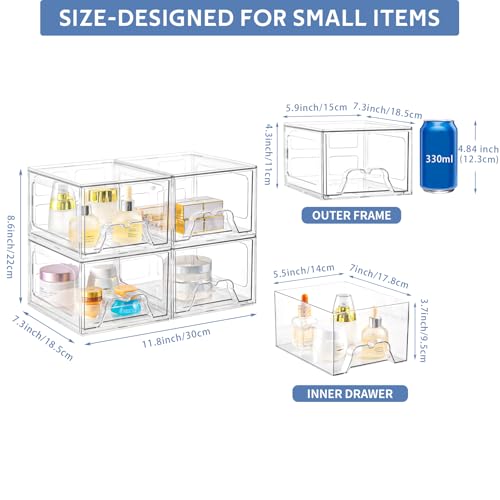 Plastic Drawers Storage, 4 Pack Clear Stackable Storage Drawers, Acrylic Storage Bins with Drawers for Fridge Organizers, Small PlasticDrawers Stackable for Makeup Organizers Cosmetic Display - size: 4Pack Standard