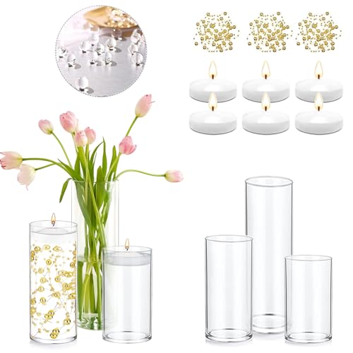 Set of 3 Glass Cylinder Vases for Centerpieces with 2 Pack Vase Filler 3 Pearl String 6 White Floating Candles for Centerpieces, Table Center Pieces for Wedding Party Home Decor 5, 6, 8 Inch - style: 3 Set(5,6,8Inch)