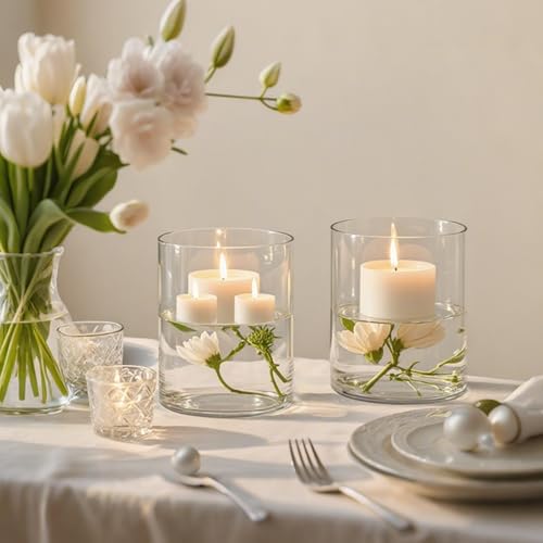 TBWIND 2Pcs Glass Cylinder Vases for Centerpieces, 6" x 4.7" Wide Mouth Flower Vase Hurricane Glass Candle Holders, Clear Vases Bulk with 2 Floral Tapes for Floating Candles Wedding Party Home Decor - size: 6" x 4.7" Wide Mouth