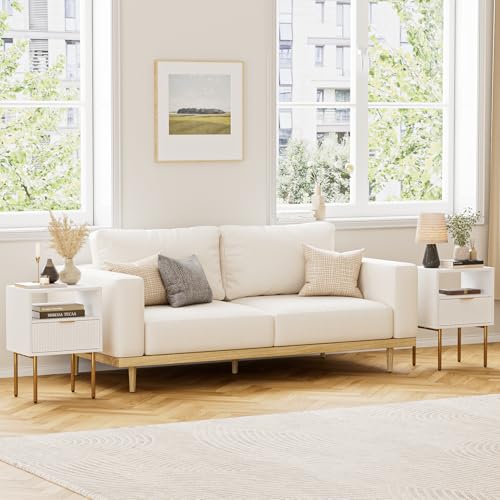 Masupu Nightstand,Mid-Century Modern Bedside Table with Storage Drawer and Open Wood Shelf,Small Gold Frame Side Table for Bedroom,Living Room,White - color: A.white, style: 1 Drawer