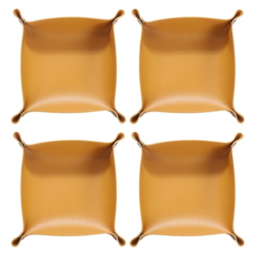 HARFINGTON 4pcs PU Leather Valet Tray Unisex Folding Small Catchall Tray Portable Entryway Table Tray Nightstand Bedside Desk Tray for Key Wallet Watch Coin Jewelry Dice, Yellow - color: Yellow