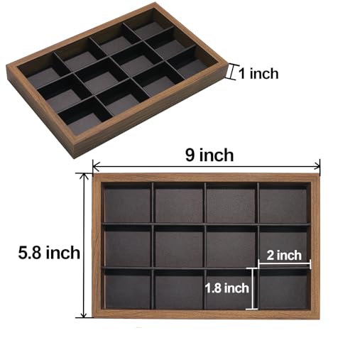 Fordonral Wood Jewelry Organizer Tray with PU Linen, Earring Organizer Jewelry Organizer Showcase Display Drawer Organizer Storage, Earring Holder Necklace Bracelet Ring Accessary Organizers - style: 12 Grids