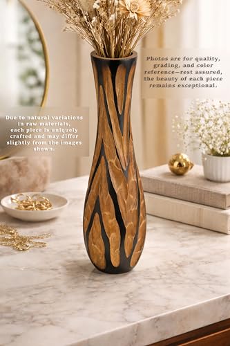 AeraVida Beautifully Hand Carved Etched Dark Brown Mango Tree Wood Vase | 14 inch | Classic Flower Vase