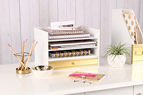 Kate and Laurel Industrious Desktop Wood Letter Tray with 3 Trays and Drawer, White and Gold