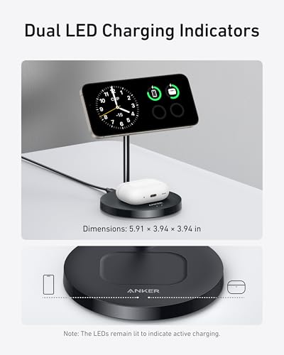 Anker MagSafe Compatible MagGo Charger Stand, iPhone 17 Wireless Charger, 2-in-1 Charging Station, Qi2 Certified 15W Fast Charging, for iPhone 17/16/15/14/13/12, AirPods Pro (Black, No Adapter) - color: Black