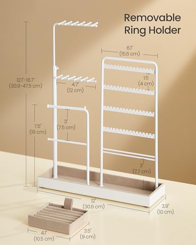 SONGMICS Jewelry Holder, Jewelry Storage Organizer Stand with Metal Frame, Velvet Tray, 12.1 to 18.7 Inches Tall Height Adjustable Necklace Holder, for Rings, Earrings, Matte White UJJS026W01 - color: Matte White