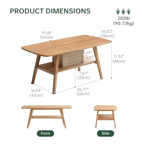 100% Solid Oak Wood Coffee Table for Living Room, 2-Tier Small Coffee Tables with Shelf Storage, Mid Century Modern Table with Rounded Corners (Natural, 39.37" x 19.68" x 17.32") - color: Natural Colour, size: 39.37"W x19.68" D x 17.32" H